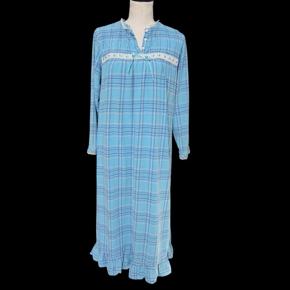 VTG 80s Anthony Richards Plaid Nightgown Ruffle Hem Blue Prairie Cottage Granny